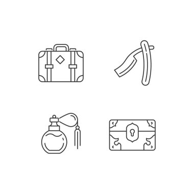 Klasik koleksiyon doğrusal simgeleri ayarlandı. Deri bavul. Düz jilet. Antika parfüm. Hazine kutusu. Özelleştirilebilir ince çizgi şekilleri. İzole vektör çizimi çizimleri. Düzenlenebilir vuruş