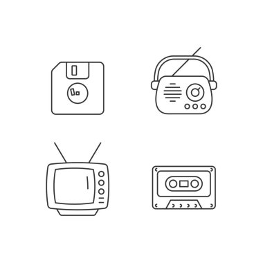 Koleksiyonluk vintage şeyler doğrusal simgeler seti. Disket. Antika radyo. Televizyon modeli. Teyp kaseti. Özelleştirilebilir ince çizgi şekilleri. İzole vektör çizimi çizimleri. Düzenlenebilir vuruş
