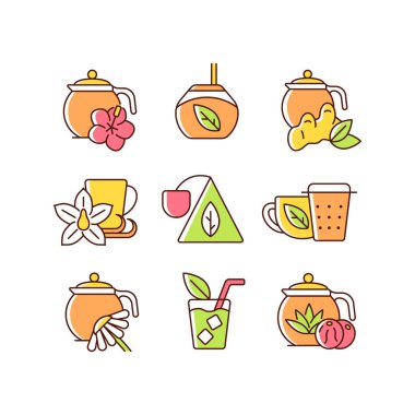 Çay ve çay benzeri içecekler RGB renk simgeleri seti. Sıcak bitkisel içecekler. Chai içkisi. Fincanlar ve aksesuarlar. Tıbbî çaba. İzole vektör çizimleri. Basit çizgi çizimleri koleksiyonu
