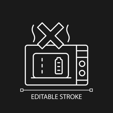 Koyu tema için mikrodalga güçlü beyaz doğrusal el yazısı simgesi kullanma. İnce çizgi özelleştirilebilir illüstrasyon. Ürün kullanımı talimatları için gece modu için izole vektör kontur sembolü. Düzenlenebilir vuruş