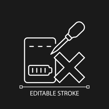 Karanlık tema için Power Bank beyaz doğrusal etiket simgesini delme. İnce çizgi özelleştirilebilir illüstrasyon. Ürün kullanımı talimatları için gece modu için izole vektör kontur sembolü. Düzenlenebilir vuruş