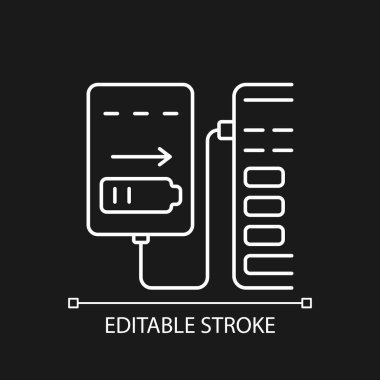 Koyu tema için bilgisayar beyaz doğrusal el yazısı simgesinden şarj et. İnce çizgi özelleştirilebilir illüstrasyon. Ürün kullanımı talimatları için gece modu için izole vektör kontur sembolü. Düzenlenebilir vuruş