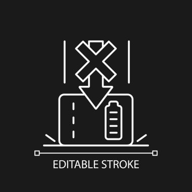 Karanlık tema için Power Bank beyaz doğrusal etiket simgesini düşürme. İnce çizgi özelleştirilebilir illüstrasyon. Ürün kullanımı talimatları için gece modu için izole vektör kontur sembolü. Düzenlenebilir vuruş