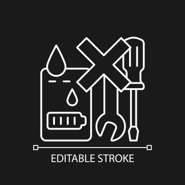 Karanlık tema için kullanılamaz güç bankası beyaz doğrusal etiket simgesi. İnce çizgi özelleştirilebilir illüstrasyon. Ürün kullanımı talimatları için gece modu için izole vektör kontur sembolü. Düzenlenebilir vuruş