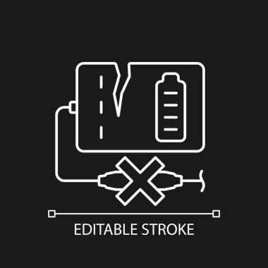Koyu tema için hasarlı beyaz doğrusal el yazısı simgesi kullanmayın. İnce çizgi özelleştirilebilir illüstrasyon. Ürün kullanımı talimatları için gece modu için izole vektör kontur sembolü. Düzenlenebilir vuruş