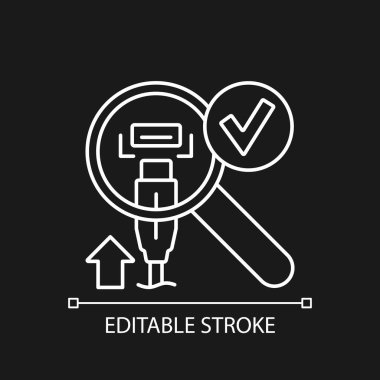 Bağlantı ve port koyu tema için beyaz doğrusal elle etiketleme simgesiyle eşleşir. İnce çizgi özelleştirilebilir illüstrasyon. Ürün kullanımı talimatları için gece modu için izole vektör kontur sembolü. Düzenlenebilir vuruş