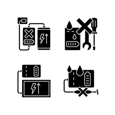 Powerbank beyaz alana ayarlanmış siyah glyph el yazısı simgeleri kullanır. Tabletle uyumlu. Kullanılabilir şarj aleti değil. Siluet sembolleri. Ürün kullanma talimatları için vektör izole illüstrasyon