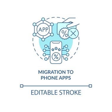 Telefon uygulamalarına göç mavi konsept simgesi. Uygulamalı soyut fikir ince çizgi çiziminde ödüller. Çevrimiçi müşteri sadakat programı. Müşteri hizmetleri. Vektör izole edilmiş dış hat renk çizimi. Düzenlenebilir vuruş