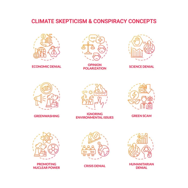 Набір Піктограм Кліматичного Скептицизму Змови Економічне Гуманітарне Заперечення Сприяння Ідеї — стоковий вектор
