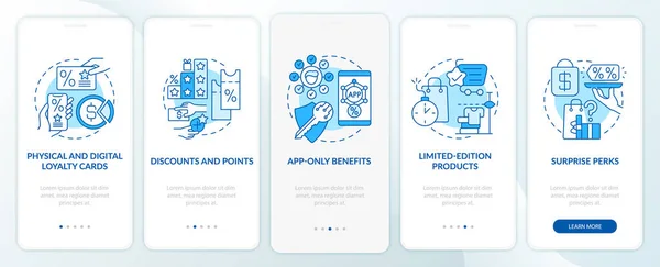 Obchod Potravinami Věrnostní Program Nápady Modrý Onboarding Mobilní App Obrazovce — Stockový vektor
