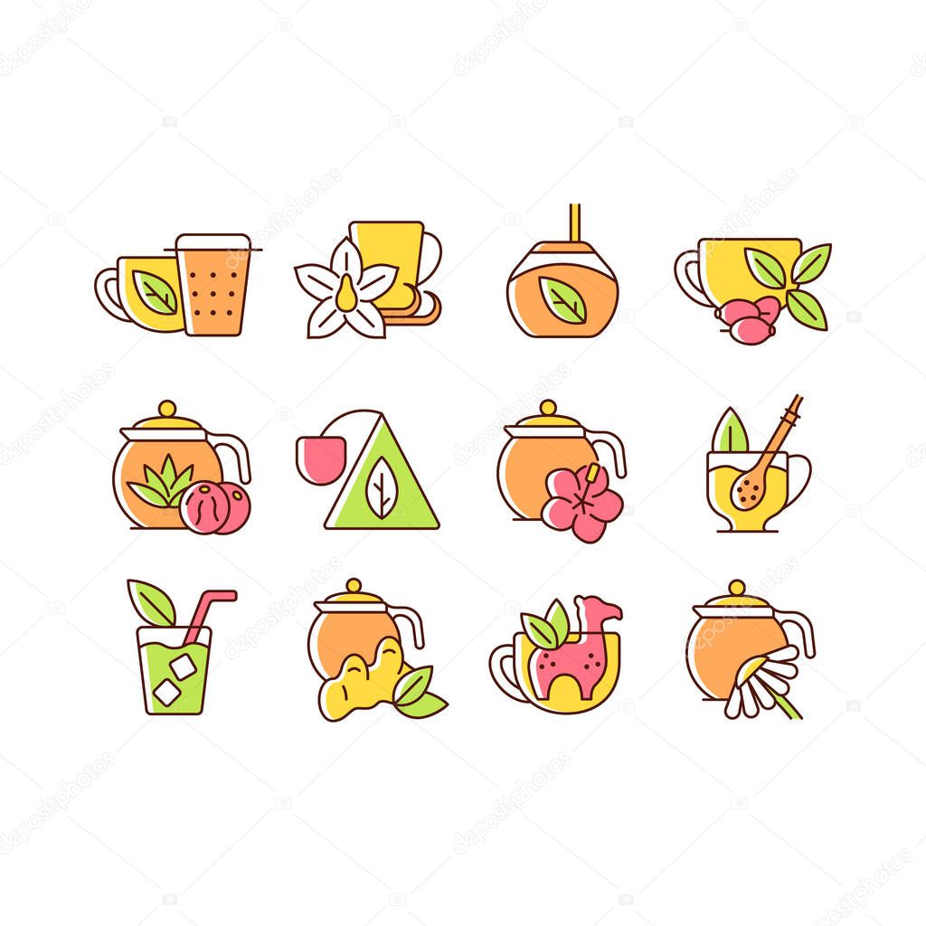 Tea drinking related RGB color icons set. Tea with different additives. Drink in teacup. Utensils for beverages. Isolated vector illustrations. Simple filled line drawings collection