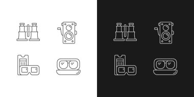 Karanlık ve aydınlık mod için otantik doğrusal simgeler ayarlandı. Koleksiyon dürbünü. Eski fotoğraf makinesi. Özelleştirilebilir ince çizgi sembolleri. İzole vektör çizimi çizimleri. Düzenlenebilir vuruş