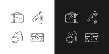 Eskici koleksiyon simgeleri koyu ve aydınlık mod için ayarlandı. Deri bavul. Düz jilet. Hazine kutusu. Özelleştirilebilir ince çizgi sembolleri. İzole vektör çizimi çizimleri. Düzenlenebilir vuruş