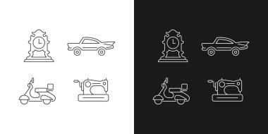 Retro toplanabilir doğrusal simgeler karanlık ve aydınlık mod için ayarlandı. Antika saat. Klasik bir araba. Eski mobilet. Özelleştirilebilir ince çizgi sembolleri. İzole vektör çizimi çizimleri. Düzenlenebilir vuruş
