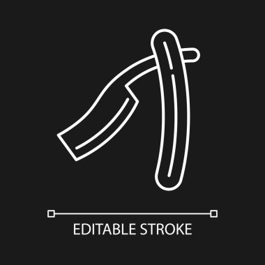 Karanlık tema için eski moda ustura beyazı doğrusal simge. Vücut kıllarını çıkarmak için kesici alet. İnce çizgi özelleştirilebilir illüstrasyon. Gece modu için izole vektör kontur sembolü. Düzenlenebilir vuruş