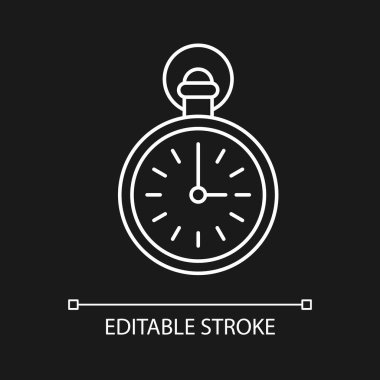 Karanlık tema için antika cep saati beyaz doğrusal simgesi. Klasik aksesuar. Erkek modası. İnce çizgi özelleştirilebilir illüstrasyon. Gece modu için izole vektör kontur sembolü. Düzenlenebilir vuruş