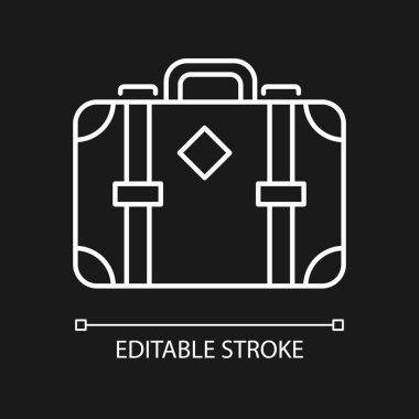 Karanlık tema için eski moda bavul beyaz doğrusal simge. Kaliteli bagaj. Seyahat aksesuarı. İnce çizgi özelleştirilebilir illüstrasyon. Gece modu için izole vektör kontur sembolü. Düzenlenebilir vuruş