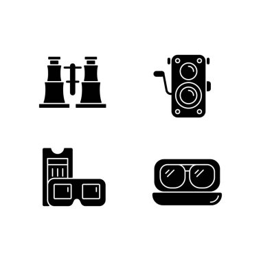 Beyaz uzaya dizilmiş otantik siyah kabartma simgeleri. Koleksiyon dürbünü. Eski fotoğraf makinesi. Retro sinema. Havacı güneş gözlüğü. Siluet sembolleri. Vektör izole illüstrasyonu