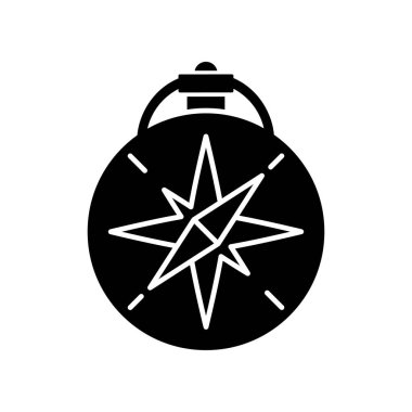 Eski tarz pusula simgesi. Antika denizcilik aleti. Denizde yön bulma ve coğrafi yönlendirme. Klasik görünüş. Beyaz uzayda siluet sembolü. Vektör izole illüstrasyonu