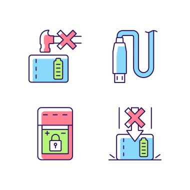 Gadget kullanıcısı için Powerbank RGB renk etiketi simgeleri ayarlandı. Cihaz hayati bileşenleri hasar gördü. İzole vektör çizimleri. Ürün kullanımı talimatları için basit çizgi çizimleri koleksiyonu
