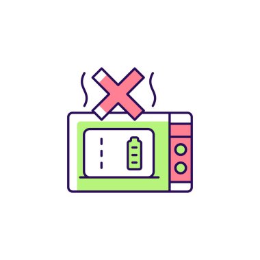 Mikrodalga güç bankası RGB renk etiketi simgesi kullanma. Aşırı sıcaklığa maruz kalmak. Birim zarar gördü. İzole vektör çizimi. Ürün kullanma talimatları için basit çizgi çizimi