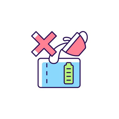 Power Bank RGB renk etiketi simgesine dökme. Yanlış kullanım aygıtı kullanımı. Kısa devre riski var. İzole vektör çizimi. Ürün kullanma talimatları için basit çizgi çizimi