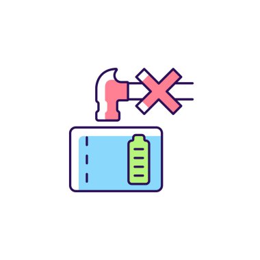 Power Bank RGB renk etiketi simgesini ezme. Batarya ömrü azalıyor. Yetersiz pil imhası. E-atık. İzole vektör çizimi. Ürün kullanma talimatları için basit çizgi çizimi