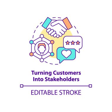 Müşterileri paydaşların konsept ikonu haline getirmek. Alternatif iş biçimi soyut fikir ince çizgi çizimi. Müşteriler karar verir. Vektör izole edilmiş dış hat renk çizimi. Düzenlenebilir vuruş