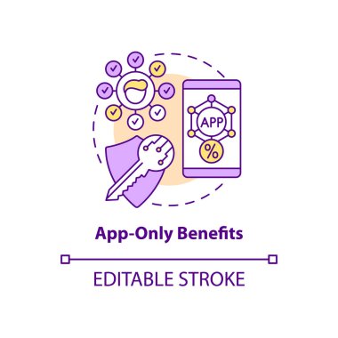 Sadece uygulama-fayda konsepti ikonu. Sadık müşteriler için mobil uygulama ikramiyeleri soyut fikir ince çizgili resimleme. Çevrimiçi ödül sistemi. Vektör izole edilmiş dış hat renk çizimi. Düzenlenebilir vuruş