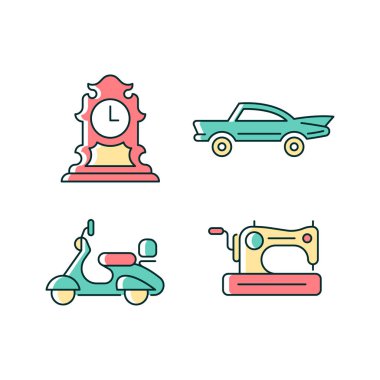 Retro koleksiyon tabloları RGB renk simgeleri ayarlandı. Antika masa üstü saati. Klasik bir araba. Eski mobilet. Koleksiyonlu dikiş makinesi. İzole vektör çizimleri. Basit çizgi çizimleri koleksiyonu
