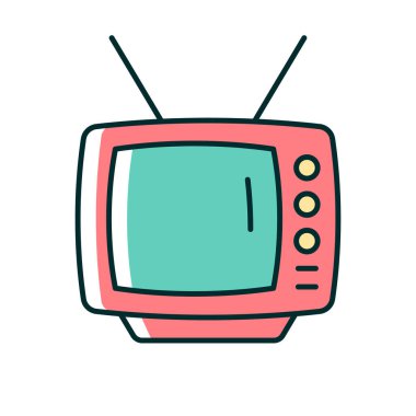Eski tarz RGB renkli ikon. Eski bir televizyon modeli. Tek renkli görüntüler iletiliyor. İkinci el mağazası. Katolik ışın tüpü teknolojisi. İzole vektör çizimi. Basit doldurulmuş çizgi çizimi