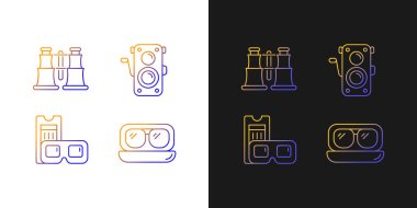 Karanlık ve aydınlık mod için otantik vintage gradyan simgeleri ayarlandı. Dürbün. Eski fotoğraf makinesi. İnce çizgili sembol demetleri. Siyah ve beyaz üzerine izole vektör ana hatları koleksiyonu