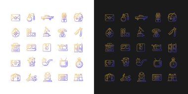 Eskici stil gradyan simgeleri karanlık ve aydınlık mod için ayarlandı. Tarihi değeri olan eşyalar toplanıyor. İnce çizgili sembol demetleri. Siyah ve beyaz üzerine izole vektör ana hatları koleksiyonu