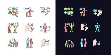 Etkin iletişim ışığı ve koyu temalı RGB renk simgeleri ayarlandı. Sosyalleşme. İddialı konuşmacı. Beyaz ve siyah uzayda izole vektör çizimleri. Basit çizgi çizimleri paketi