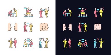 İletişim süreci açık ve koyu temalı RGB renk simgeleri ayarlandı. Fiziksel davranış. Halka açık konuşma. Göz teması. Beyaz ve siyah uzayda izole vektör çizimleri. Basit çizgi çizimleri paketi