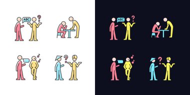 Bilgilerin etkili bir şekilde iletilmesi açık ve koyu temalı RGB renk simgeleri ayarlandı. Dil, kültürel engeller. Beyaz ve siyah uzayda izole vektör çizimleri. Basit çizgi çizimleri paketi