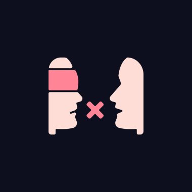 Koyu tema için önyargı RGB renk simgesi. Gruba karşı önyargı. İlişkiler üzerindeki etkisi. Kapalı görüşlü biri. Gece modunda izole vektör çizimi. Siyah üzerine basit çizgi çizimi