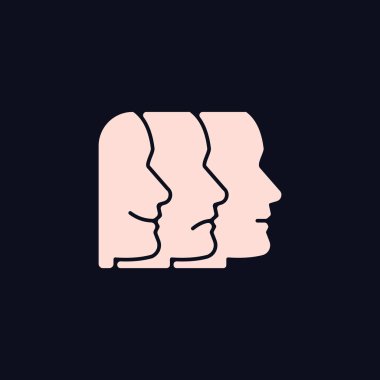 Koyu tema için yüz ifadeleri RGB renk simgesi. Duygusal durumları tanıma. Mutlu, üzgün, kızgın duygular. Gece modunda izole vektör çizimi. Siyah üzerine basit çizgi çizimi