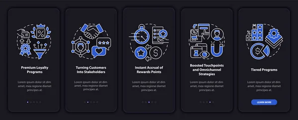 ロイヤルティプログラムダークオンボーディングモバイルアプリページ画面 報酬プログラムは概念と5つのステップのグラフィック指示を歩く Guiベクトルテンプレートとリニアナイトモードイラスト — ストックベクタ