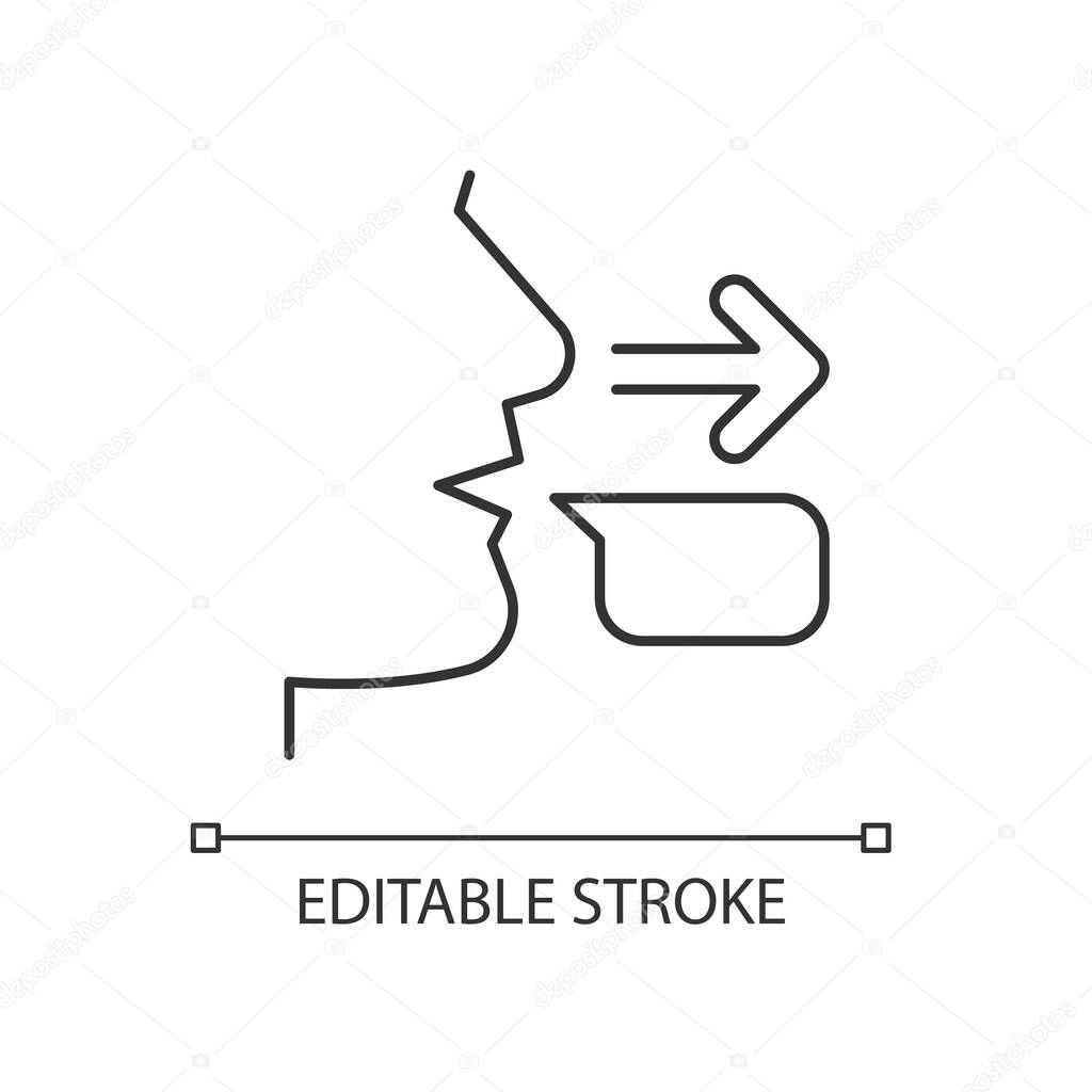 Message sender linear icon. Communication process initiator. Transferring message to receiver. Thin line customizable illustration. Contour symbol. Vector isolated outline drawing. Editable stroke