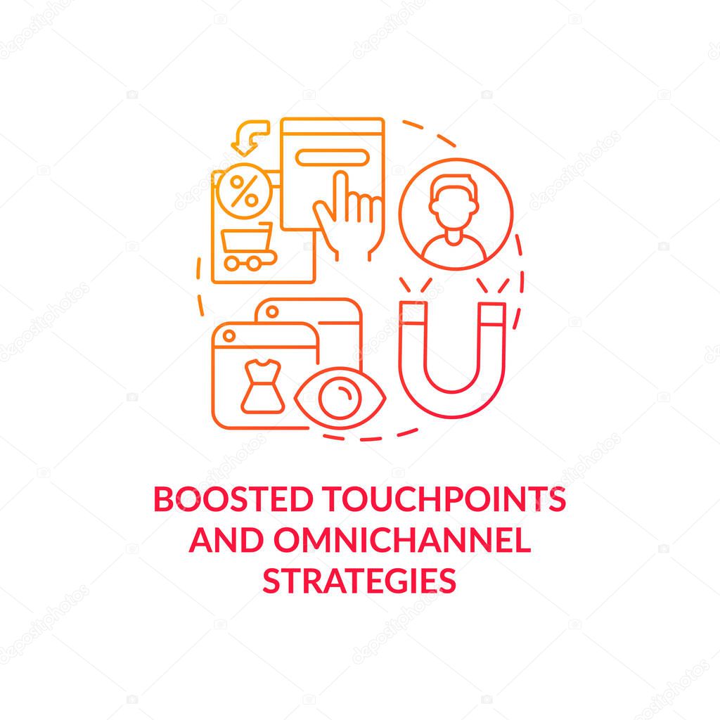 Boosted touchpoints and omnichannel strategies red gradient concept icon. Multichannel offers and advertisments abstract idea thin line illustration. Vector isolated outline color drawing.