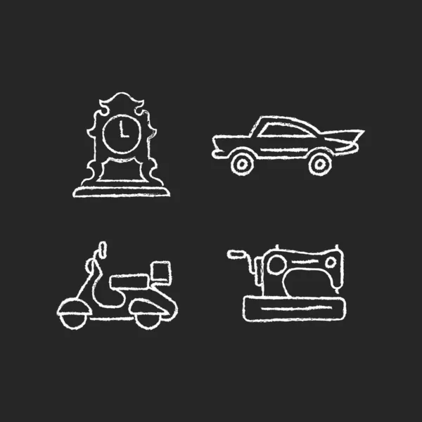 Coleccionables Retro Tiza Iconos Blancos Establecidos Sobre Fondo Oscuro Reloj — Vector de stock