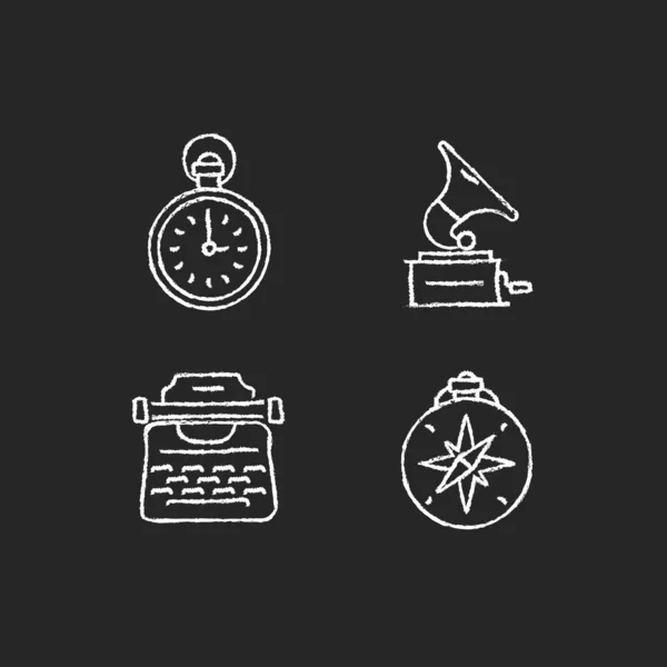 Old Fashioned Items Chalk White Icons Set Dark Background Antique Stock Vector