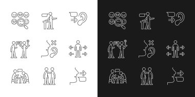Etkin iletişim lineer simgeleri karanlık ve aydınlık moduna ayarlandı. Sosyalleşme. İddialı konuşmacı. Özelleştirilebilir ince çizgi sembolleri. İzole vektör çizimi çizimleri. Düzenlenebilir vuruş
