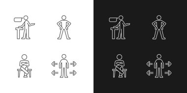 İletişim becerileri doğrusal simgeleri karanlık ve aydınlık moduna ayarlandı. Kendinden emin konuşuyorsun. Kendine güvenen vücut dili. Özelleştirilebilir ince çizgi sembolleri. İzole vektör çizimi çizimleri. Düzenlenebilir vuruş