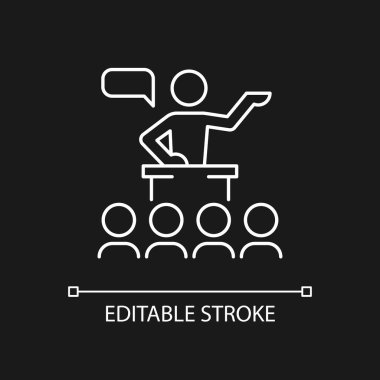 Karanlık tema için toplumsal iletişim beyaz doğrusal simgesi. Seyircilere bilgi paylaşıyorum. İnce çizgi özelleştirilebilir illüstrasyon. Gece modu için izole vektör kontur sembolü. Düzenlenebilir vuruş