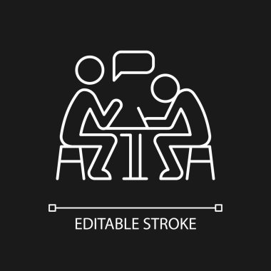 Koyu renk tema için beyaz bariyerler doğrusal simge. İletişimden kaçının. İçe dönük kişilik. İnce çizgi özelleştirilebilir illüstrasyon. Gece modu için izole vektör kontur sembolü. Düzenlenebilir vuruş