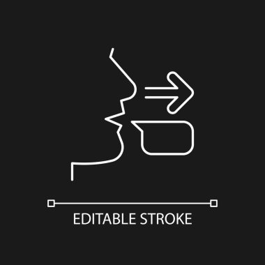 Karanlık tema için ileti gönderen beyaz doğrusal simgesi. İletişim süreci başlatıcısı. Fikir alışverişi. İnce çizgi özelleştirilebilir illüstrasyon. Gece modu için izole vektör kontur sembolü. Düzenlenebilir vuruş