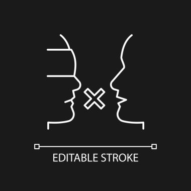 Karanlık tema için beyaz doğrusal simge önyargılı. Gruba karşı önyargı. İlişkiler üzerindeki etkisi. İnce çizgi özelleştirilebilir illüstrasyon. Gece modu için izole vektör kontur sembolü. Düzenlenebilir vuruş