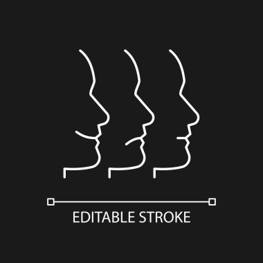 Koyu tema için yüz ifadeleri beyaz doğrusal simge. Duygusal durumlara. Sözsüz iletişim. İnce çizgi özelleştirilebilir illüstrasyon. Gece modu için izole vektör kontur sembolü. Düzenlenebilir vuruş